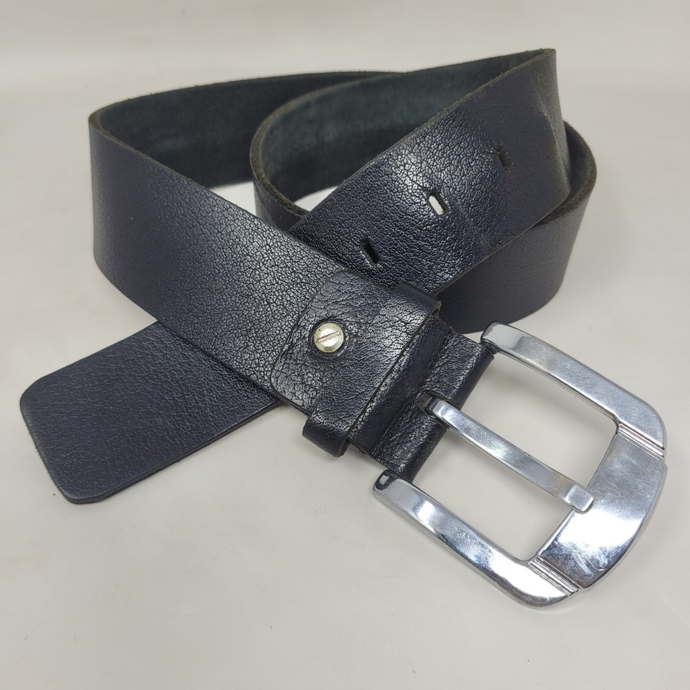 Black Leather Belt 44 Black Leather Silver Buckle Rockabilly Moto Rocker Retro